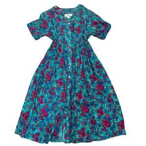 Vintage Katy D Floral Button Front Maxi Dress 14 Blue Purple Cottage Retro 90s